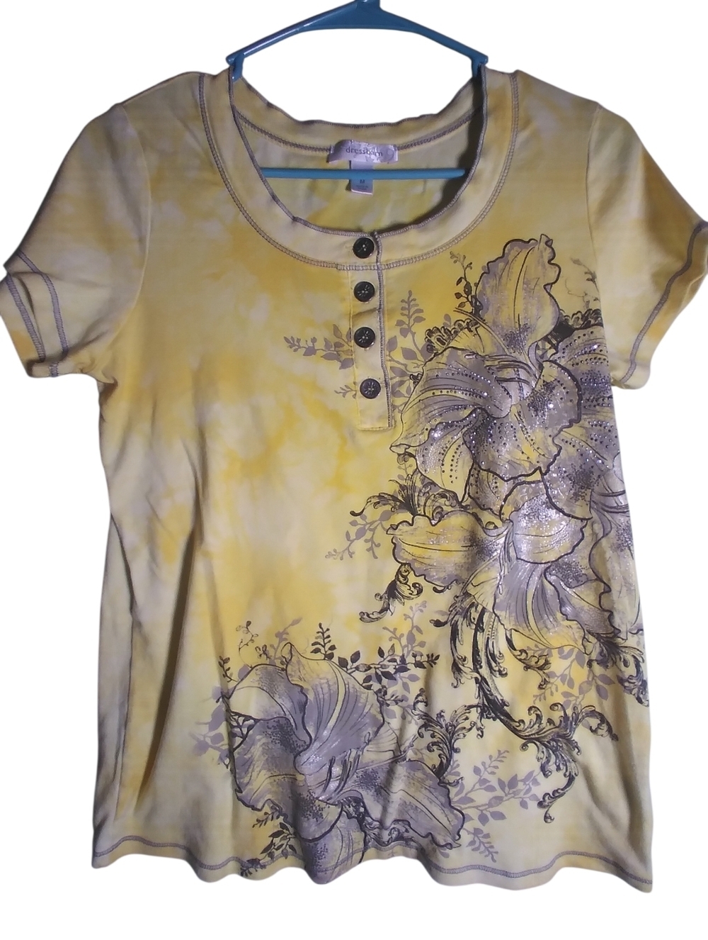 dressbarn Yellow Floral Henley with Button Front Cotton Artsy T Shirt Size M